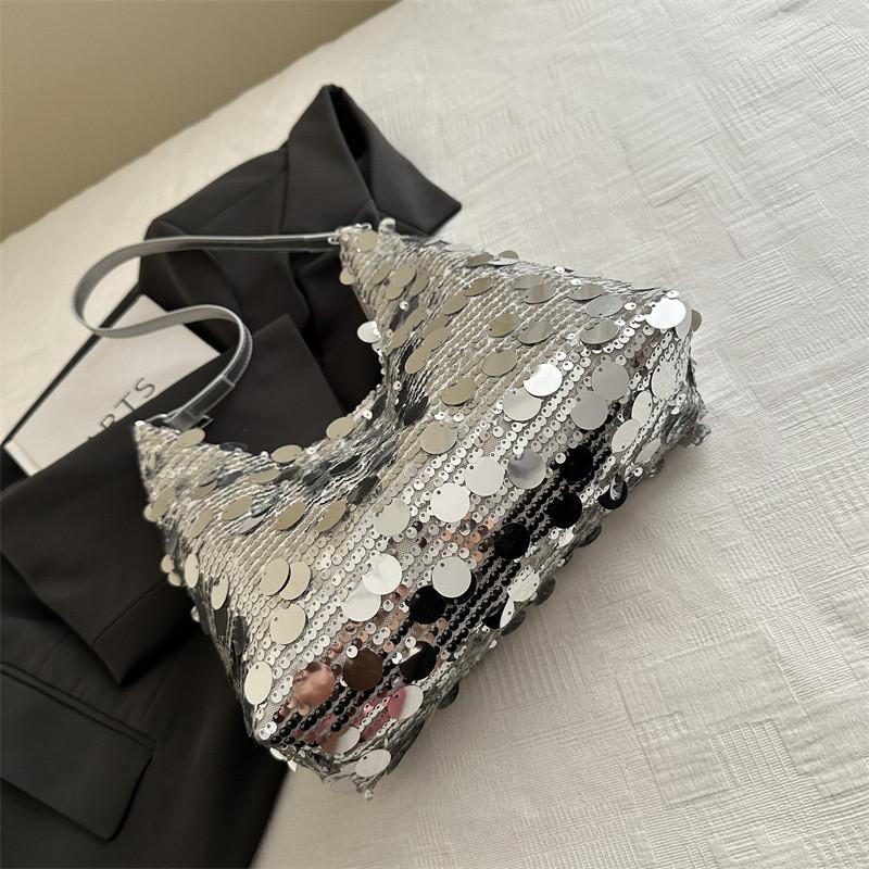 Street Style Womens Large Shoulder Bag With Glitter Sequins And Open Outer Pocket