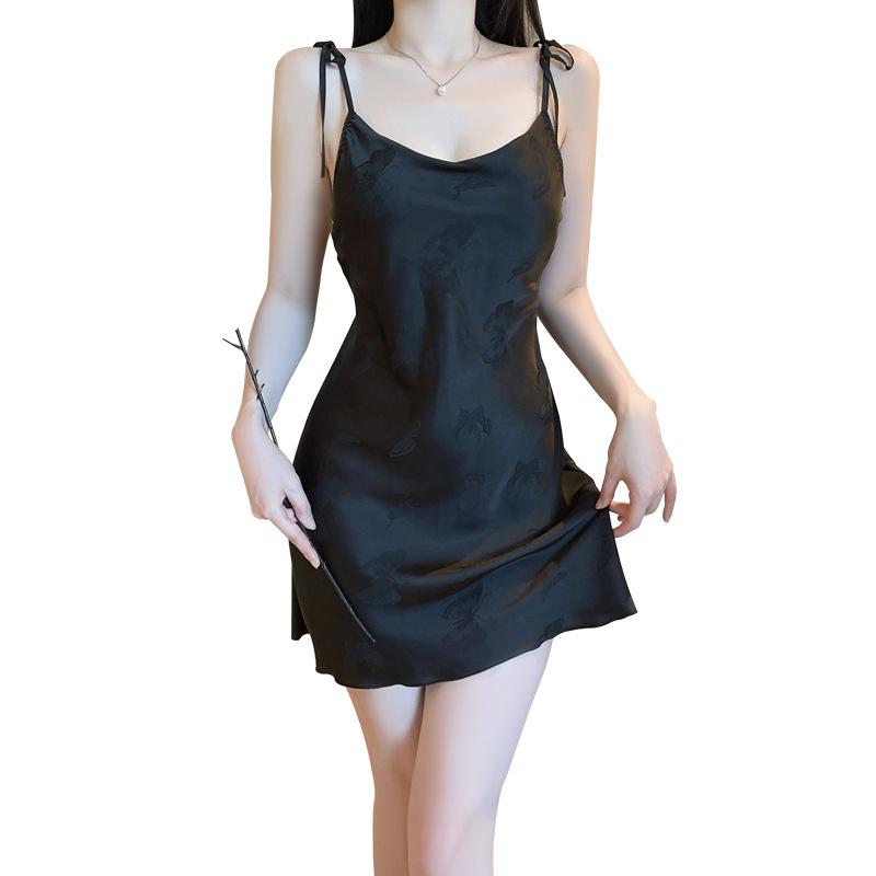 Women's Satin Butterfly Print Deep V Push Up Padded Tie Sleep Dress Lounge Set
