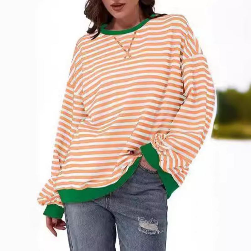 Футболка осень-зима в минималистичном стиле для дома, повседневная, с полосатым узором, женская, с круглым вырезом, длинными рукавами, футболка с цветными блоками