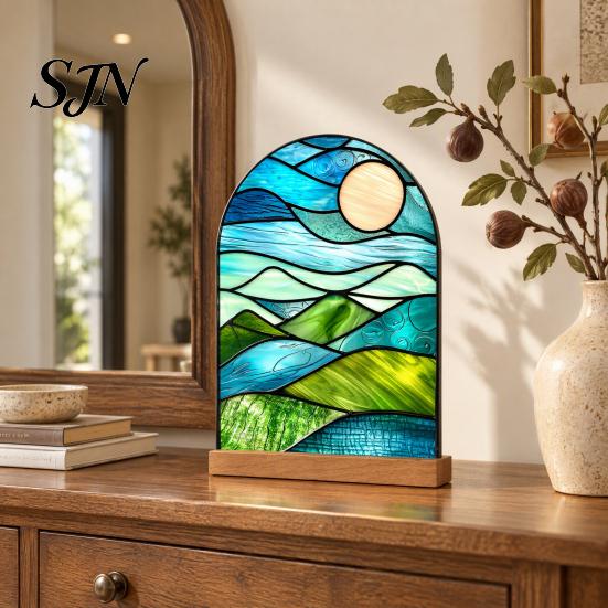 Stable Wooden Base Decoration Stained Glass Style Acrylic Table Centerpieces, Floral & Landscape Pattern Durable Desk Ornament Tabletop Sign with Wood