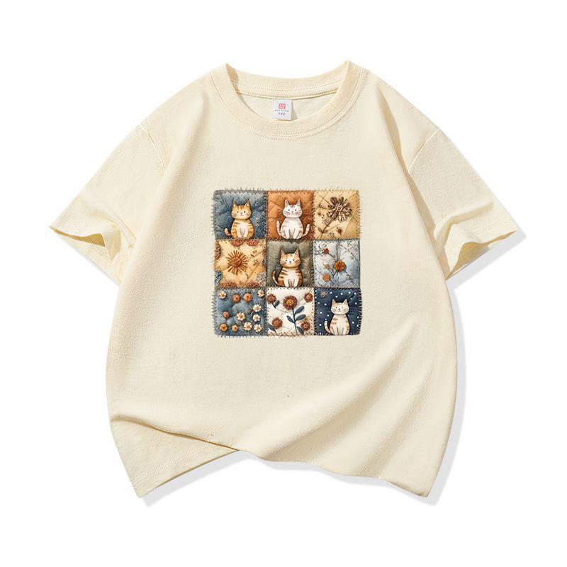 Kids Cotton T Shirt Patchwork Retro Cat Floral Print Crew Neck Short Sleeve Tee Casual Breathable Boys Girls Summer Tops