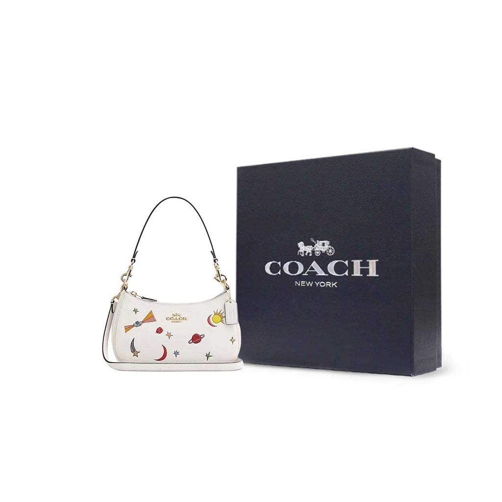 Coach Teri 24 Металлический логотип Печать Молния Кожаная Сумка-тоут Через плечо Средняя Женские сумки Меловая Мультиколор CU388-IMCAH