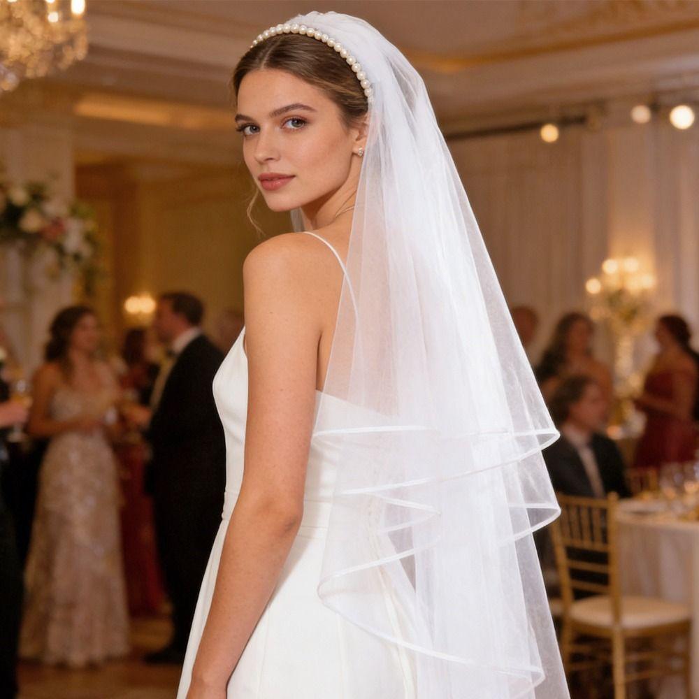 Элегантный свадебный головной убор Повязка на голову с жемчугом по краю Премиум Свадебная фата Помолвка