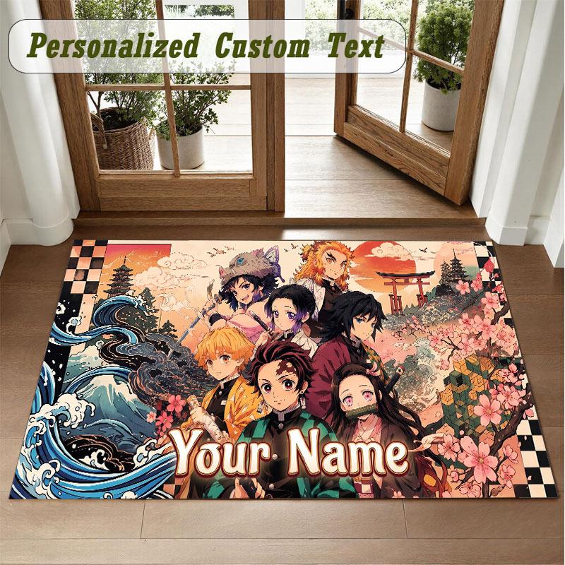 Crystal Velvet Square Rug Custom NameDemon Slayer Pattern Non Slip Home Floor Decor Rug