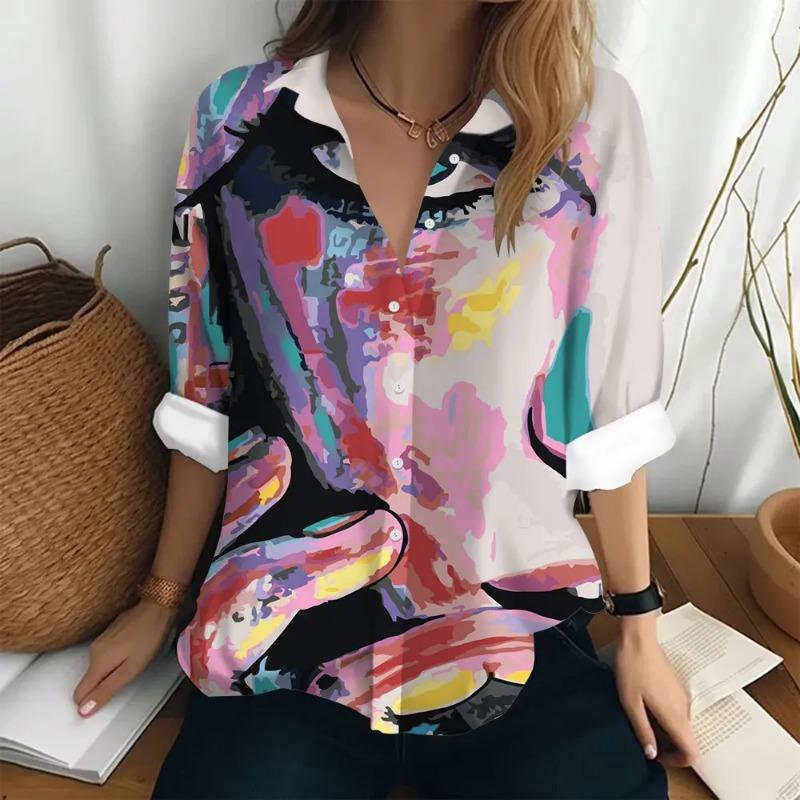 Women's Long Sleeve Shirt Painting Art Print Top 2025 Summer Women's Elegant Blouses Women's Fashion Top Loose Commuters Shirts