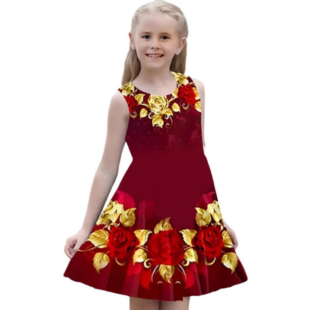 Girls Round Neck Sleeveless Vest Dress Dress Dresses Lovely Splicing Collision Colour Princess Dress 3D Digital Printing