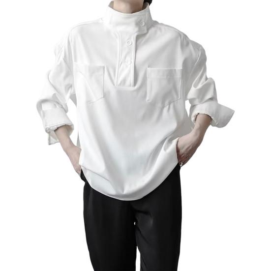 Женская рубашка с полувысоким воротником, пуговицами, полузастежкой, длинным рукавом, с карманами, однотонная свободная посадка, топы-пуловеры