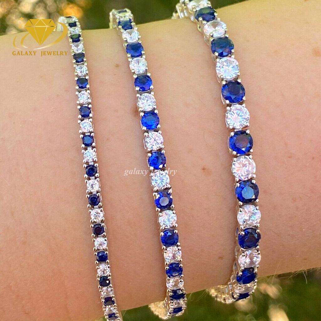 Most Popular 2mm 3mm 4mm Two Tone Moissanite Tennis Chain VVS Diamond Iced Out 925 Silver Women Sapphire Blue Tennis Bracelet