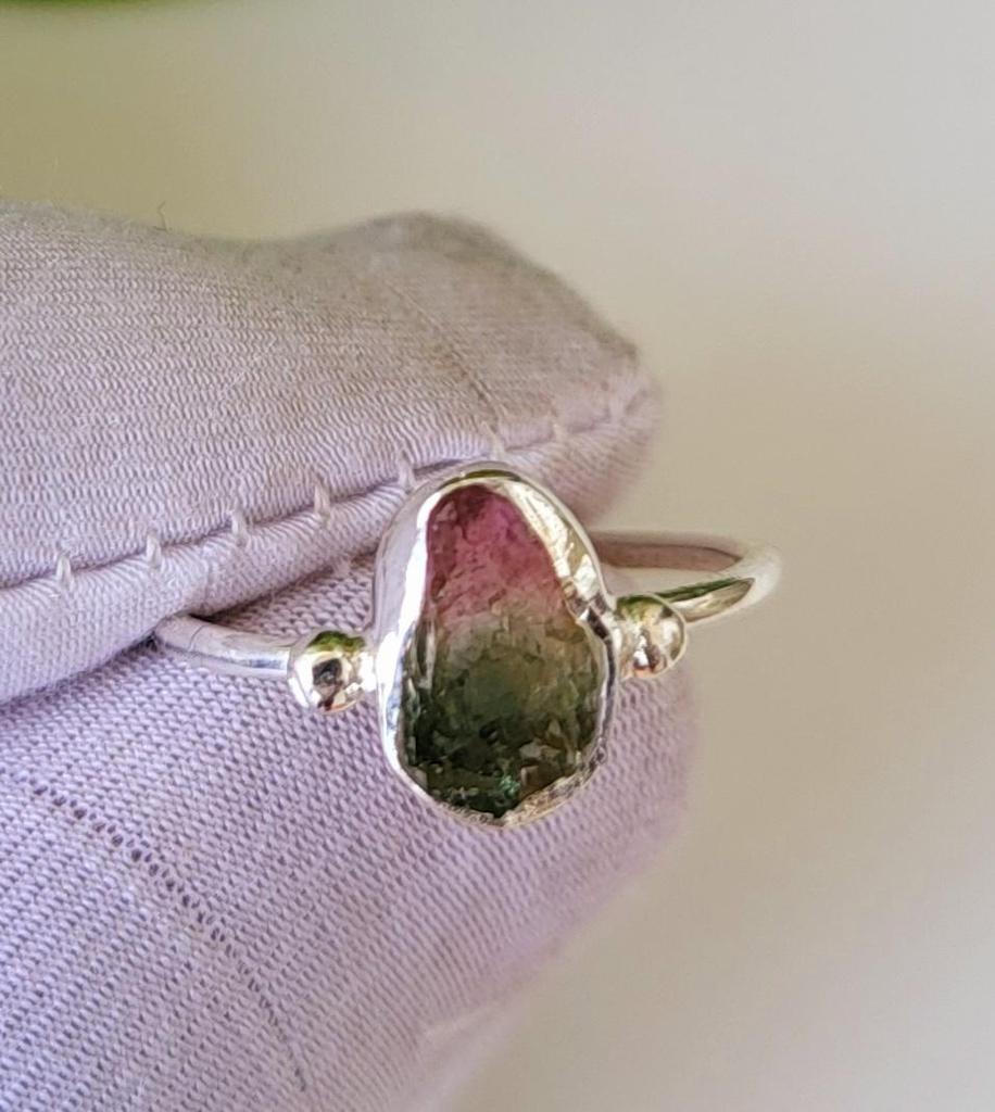 Rare Bicolor Pink Raw Tourmaline Gemstone 925 Sterling Silver Ring 5.75 US Gift