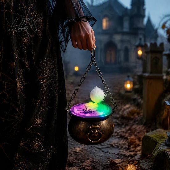 Spooky Home Accents Halloween Cauldron Decoration, Large Witch with Colorful LED Light, Black Mysterious Fireplace Ornament Plastic Pot Candy Bowl for