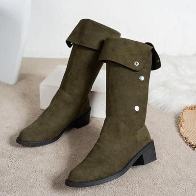 Винтажные ковбойские сапоги с острым носком на пуговицах, женские осенние сапоги с квадратным носком и толстым каблуком, высокие сапоги из замши и ткани, длинные
