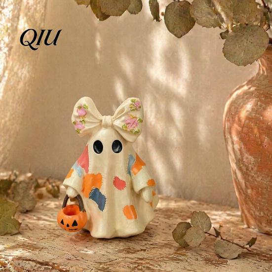 Desktop Soft Decoration Items Halloween Bow Ghost Figurine Tabletop Ornament, Cute Resin Statue with Jack O Lantern Ornaments Pumpkin Basket,