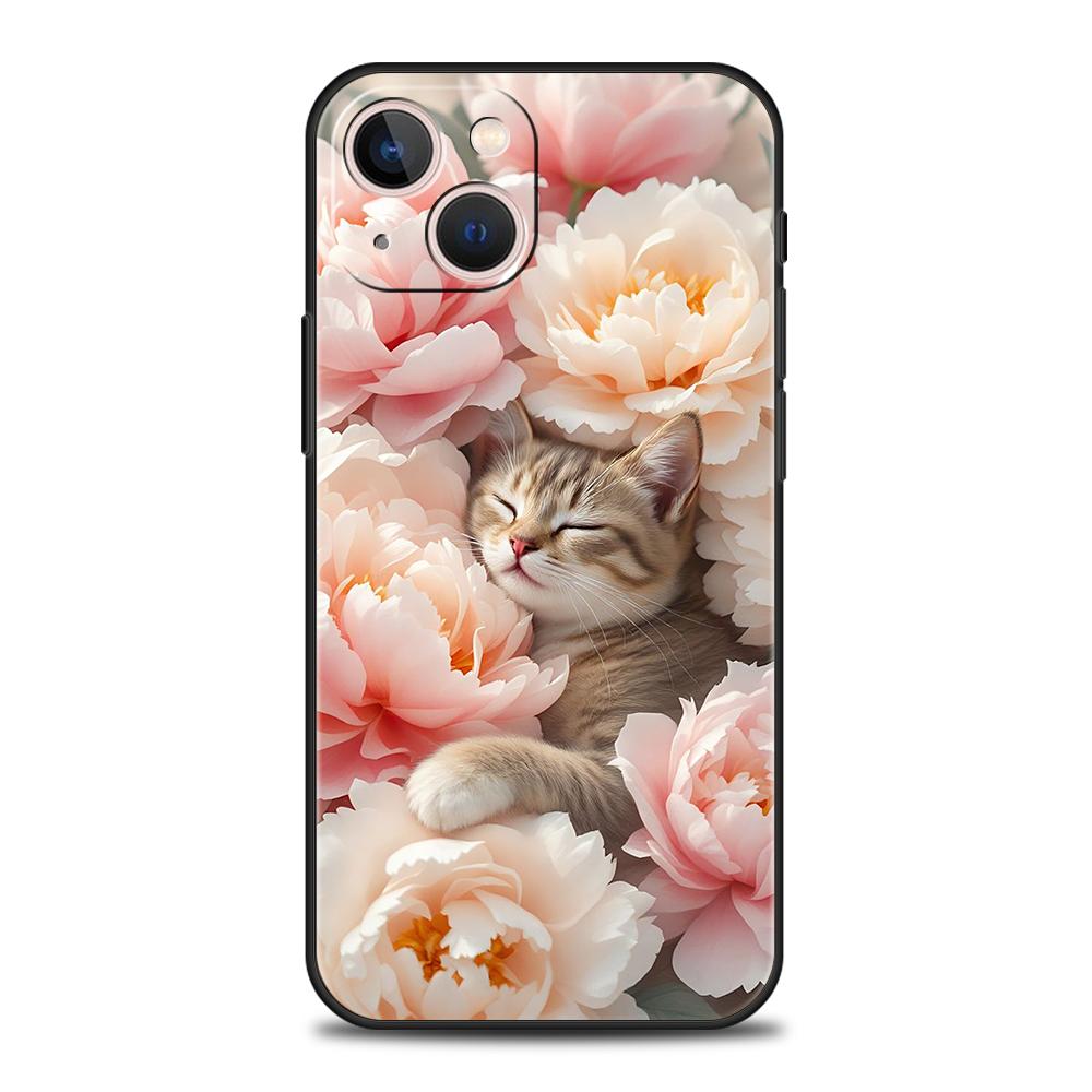 Роскошный мягкий чехол из ТПУ для iPhone 17 Air 16E 16 11 15 14 Pro MAX 12 13 7 8 Plus X XR XS SE 2022 Чехол с изображением цветов и кошки