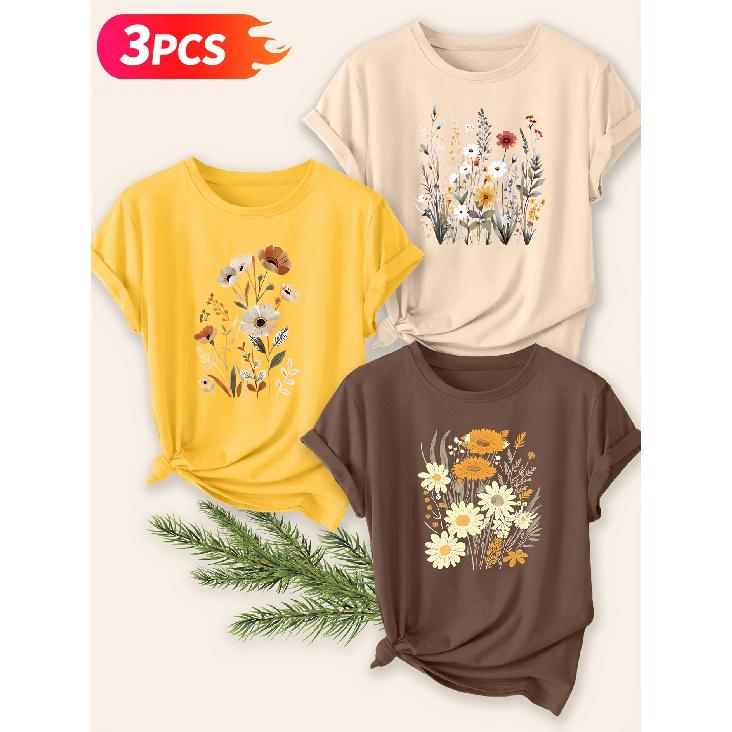 Three-piece set Elegant short-sleeved shirt for women Vintage Daisy Wildflower Print Round Neck Women's T Shirt Suitable for spring