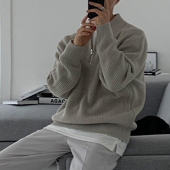 Осень-зима мужской свитер с отложным воротником и полумолнией, длинные рукава, однотонный свободный трикотажный топ, повседневная одежда, школьный рабочий трикотаж