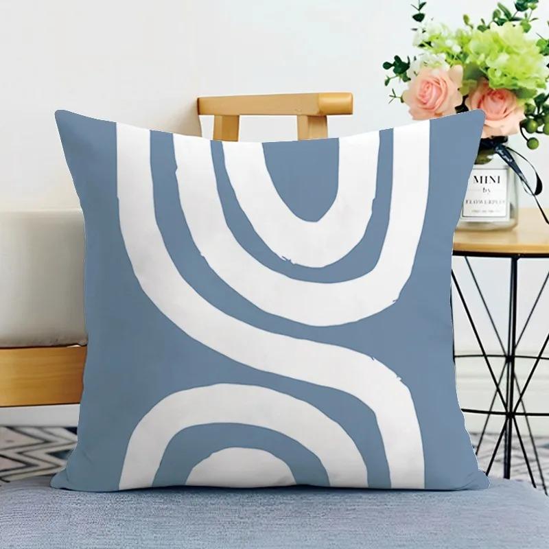 Nordic Blue White Floral Cushion Cover 2D Flat Printed Peach Skin Pillowcase Modern Minimalist Throw Pillow Case For Sofa Decor