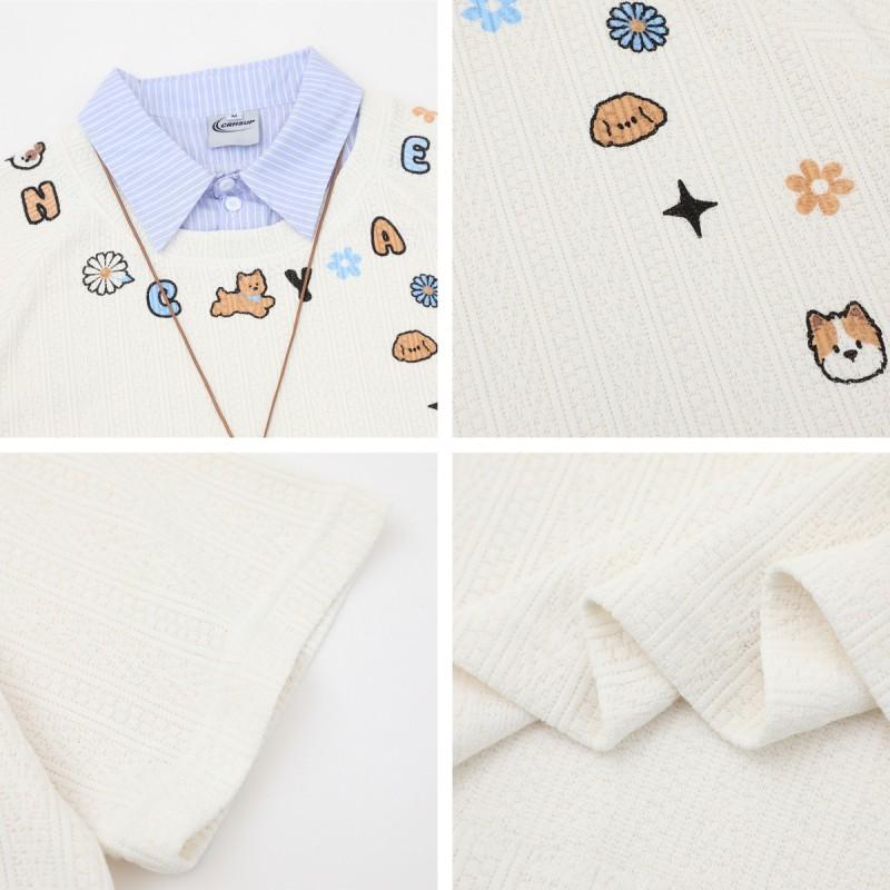 American Vintage Patchwork Polo Shirt Fake Two-Piece Dog Print Mini Bag Charm Loose Fit Short Sleeve Young Adults