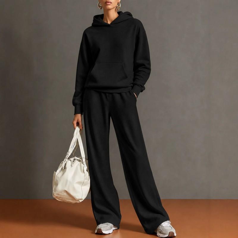 2026 Fall Winter Womens Casual Hooded Sweatshirt Wide Leg Pants Set Loose Sportswear