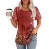 Women's Fashion Printed Casual Pleated Round Short Sleeve T-Shirt Top