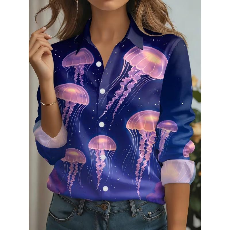 Autumn Snowflake pattern Print Blouse Ladies Long Sleeve Button Laple Loose Shirt Tops Casual Fashion Christmas Women's Clothing