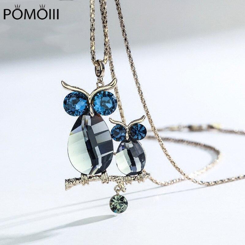 New Crystal Double Owl Long Pendant Necklace Women Fashion Sweater Necklaces Jewelry Accessories