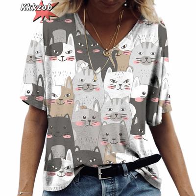 Футболка женская с принтом аниме-кота 2024 года, модная одежда в стиле Харадзюку, футболки большого размера с коротким рукавом и V-образным вырезом, женская повседневная уличная блузка