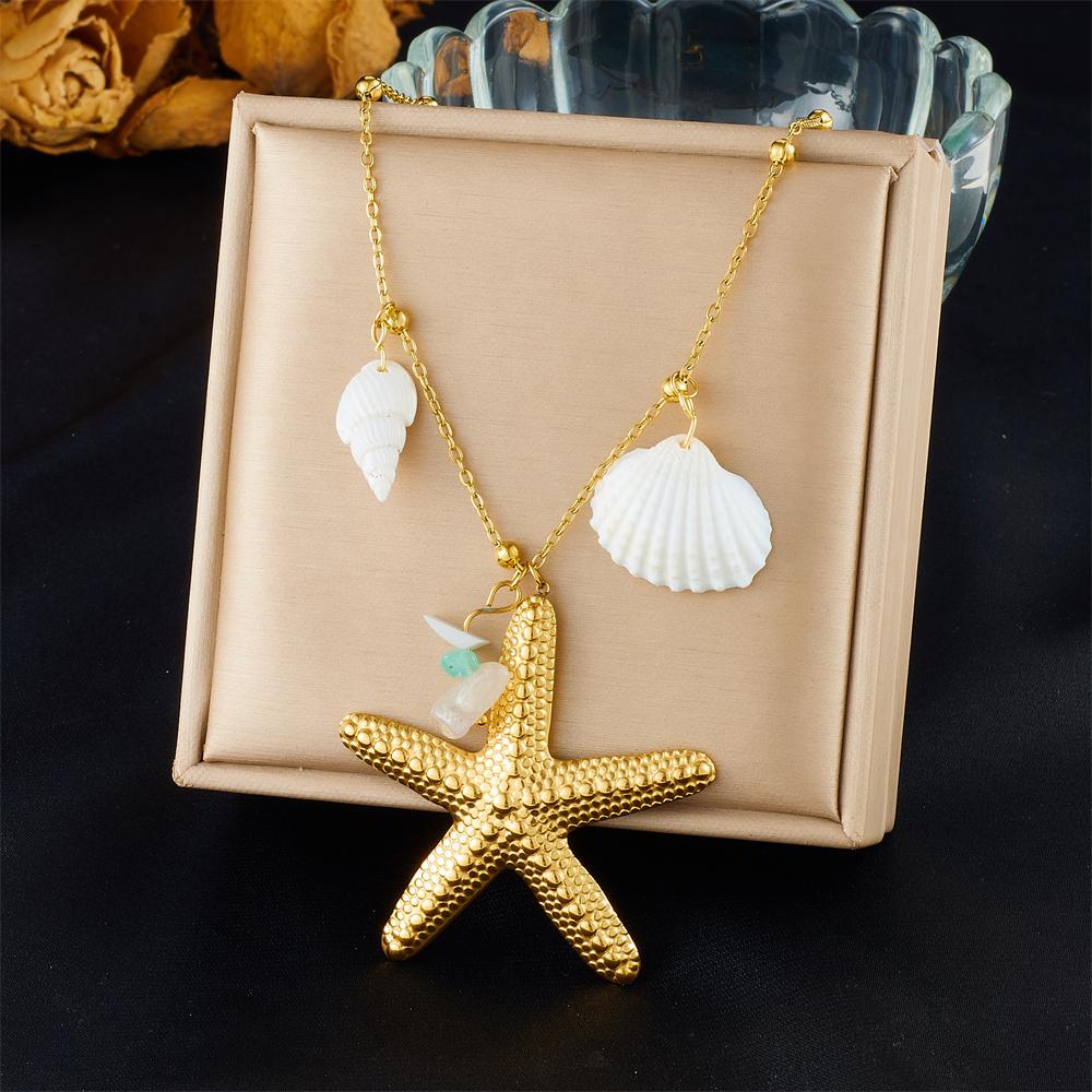 DIEYURO 316L Stainless Colored Sea Shell Conch Sea Stars Pearl Pendant Necklace Lady New Fashion Neck Chain Jewelry Party Gift