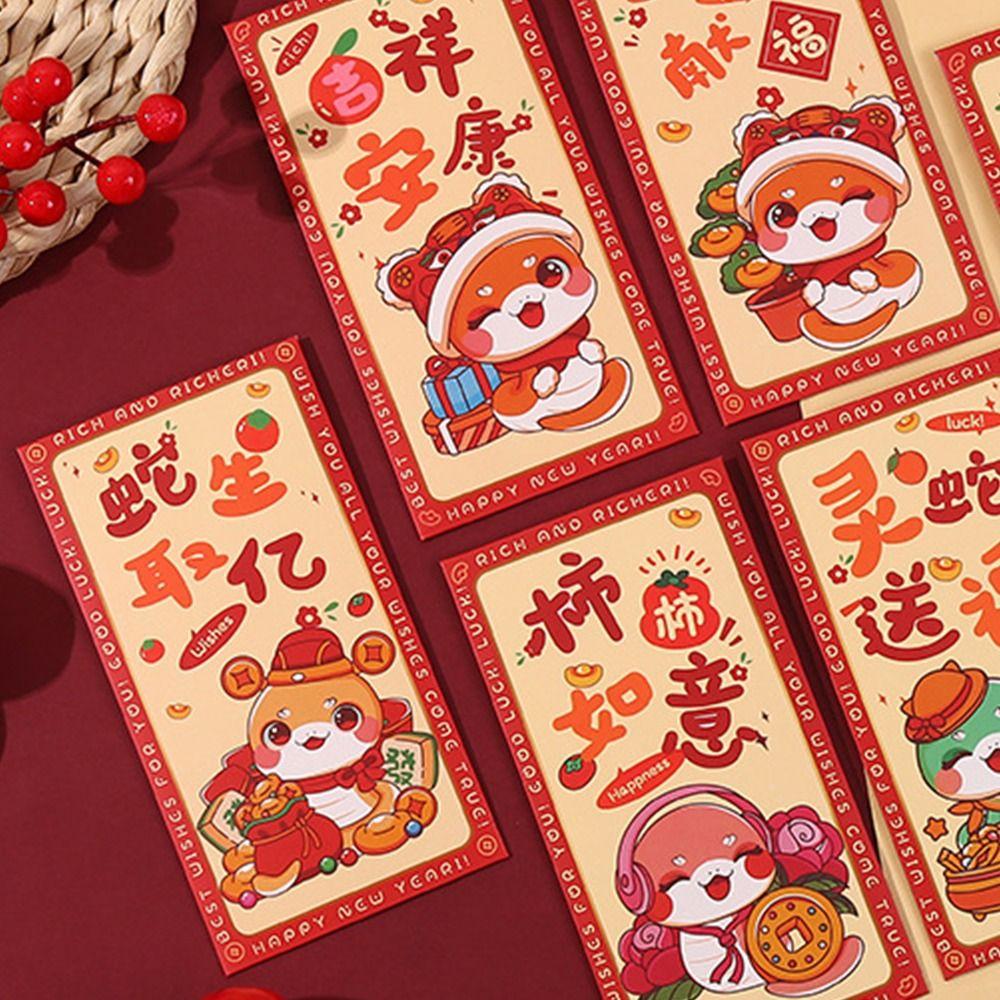 6 шт. Милые красные конверты 2025 года Змеи Hongbao Подарок на удачу Мешок для денег Утолщенный Традиционный Китайский Новый год Красный карман