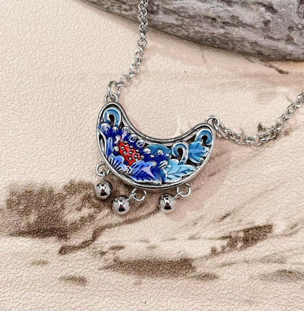 JMXD-Китайский тренд с эмалевым цветом тайского серебра ретро старый Seiko обожженный синий пион цветок замок кулон