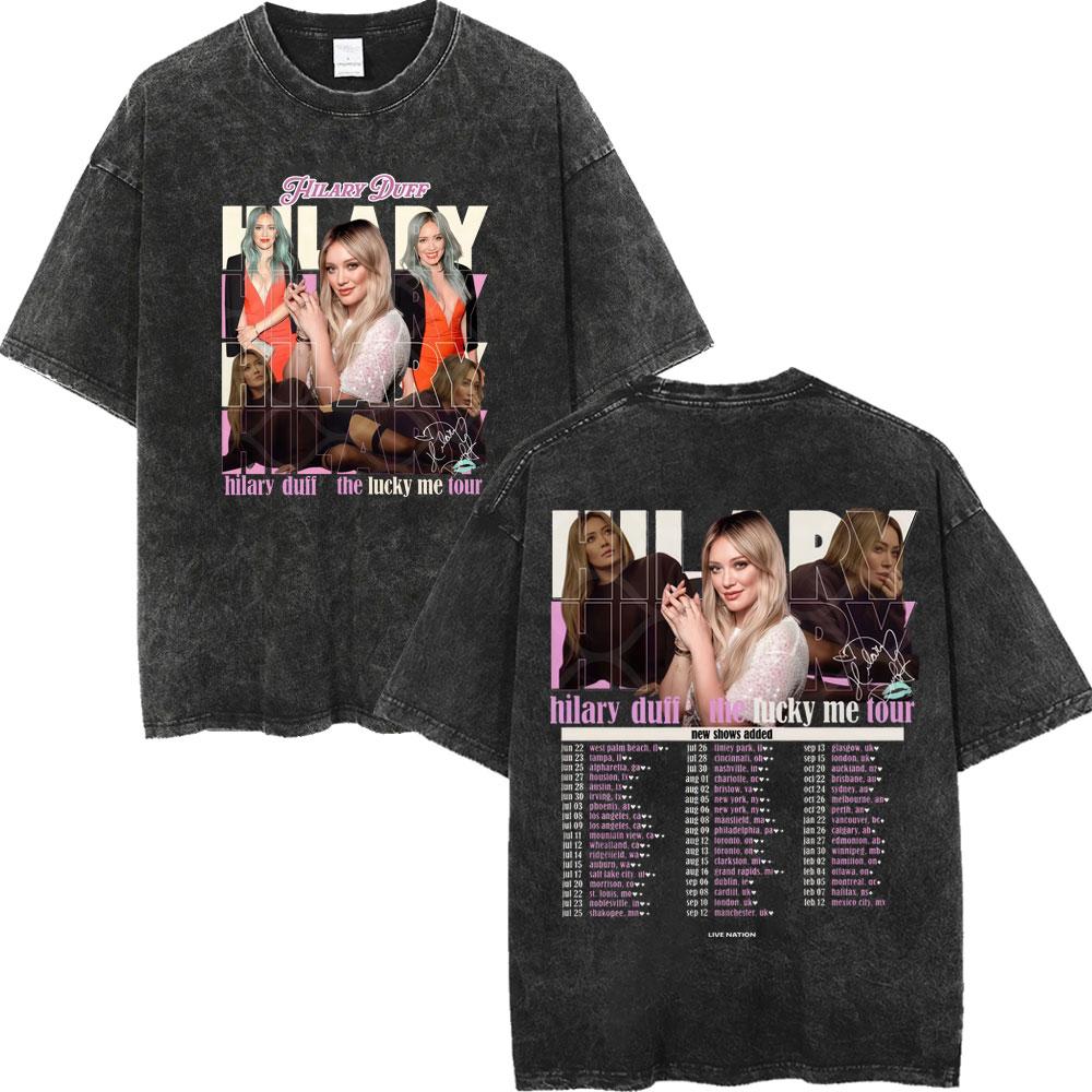 Hilary Duff The Lucky Me Tour Vintage Washed Tshirt Fashion Aesthetic Short Sleeve Tshirts Men Women Casual Loose T Shirt