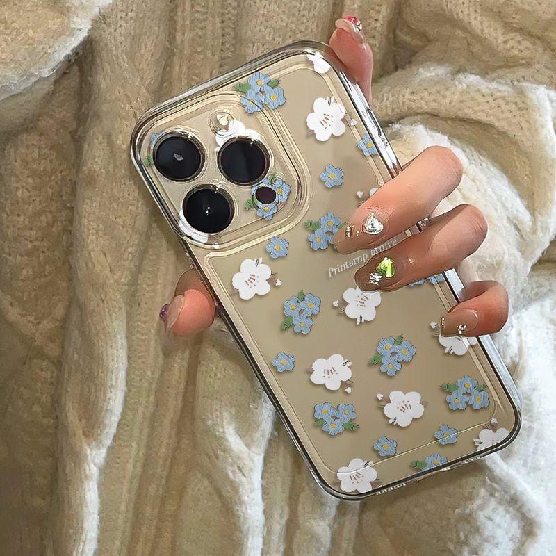 Small Fresh Light Blue Floral Fragments Protective Cover for IPhone 16 15 14 13 12 11 Pro Max Plus Protection Back Cover Bumper