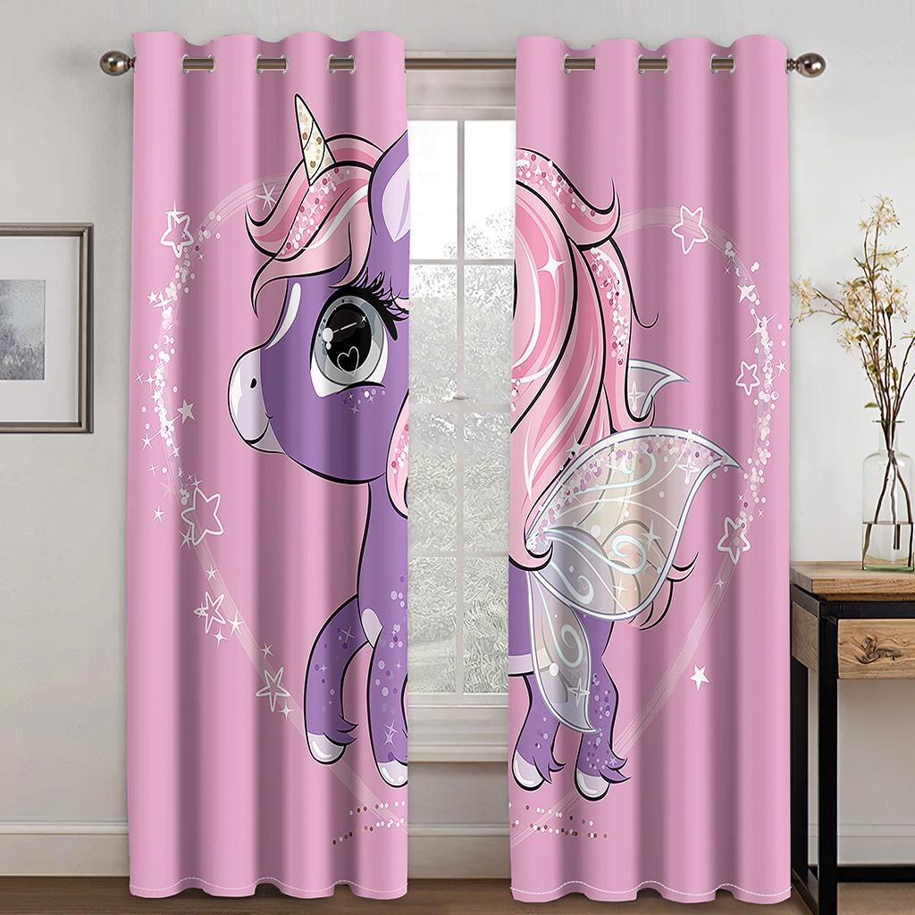 Children's Favorite Unicorn Curtains Cartoon Rainbow Horse Curtains 2 Panel Girls Room Bedroom Living Room Window Decor Curtains