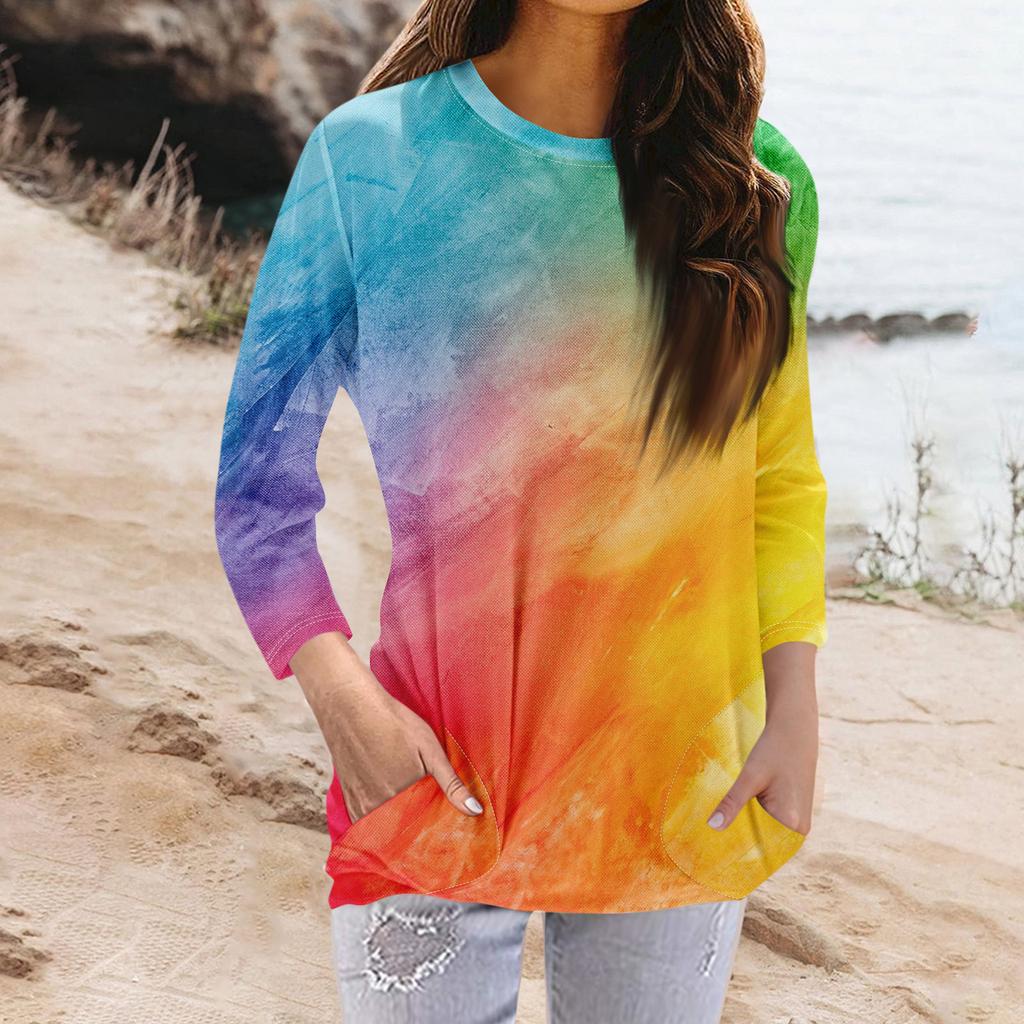 Женская модная повседневная футболка с карманом и круглым вырезом с рукавами 3/4 и топом