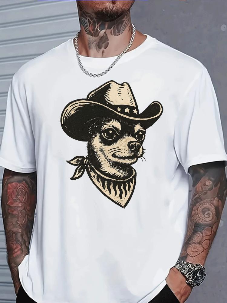 Blue Mens Summer Tee Retro Cowboy Chihuahua Dog Print Soft Loose Western Casual Street Top For Trendy Male Daily Outfit