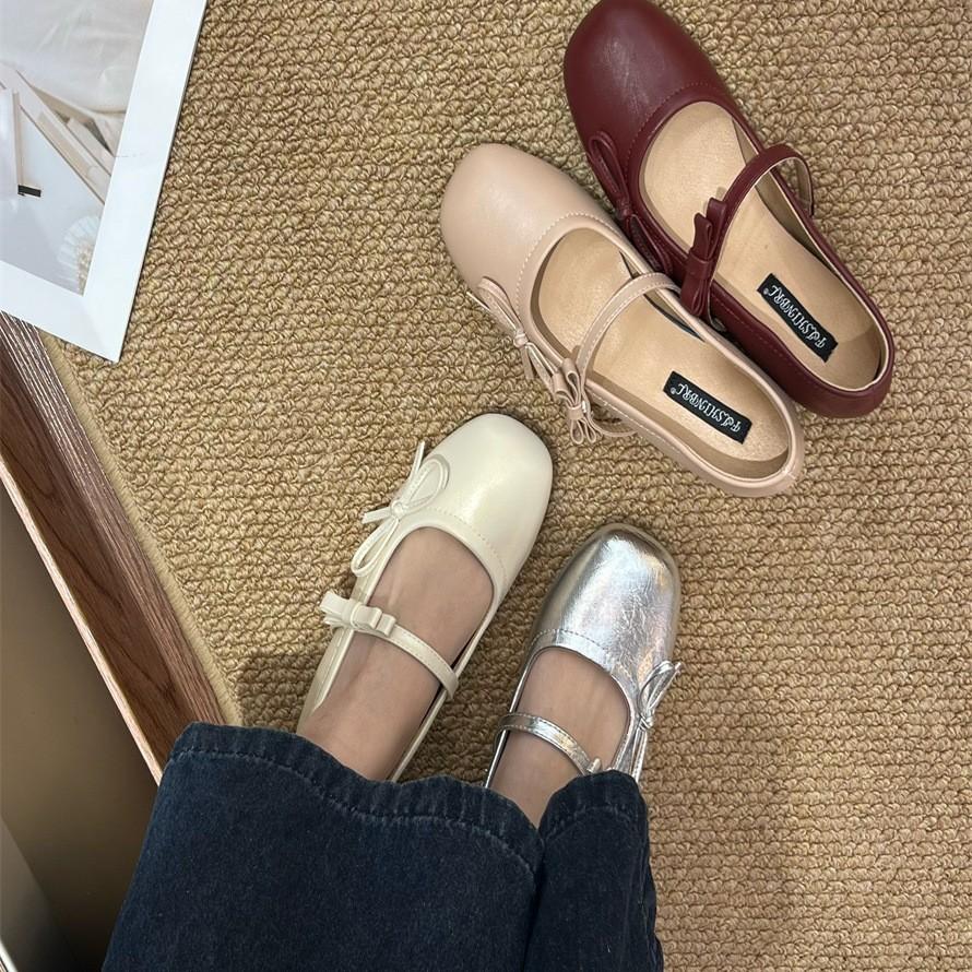 Leather Version~ Leather French Retro Flat-bottomed Bow Light-mouth Single Shoes Women's New Silver Mary Jane Evening Shoes