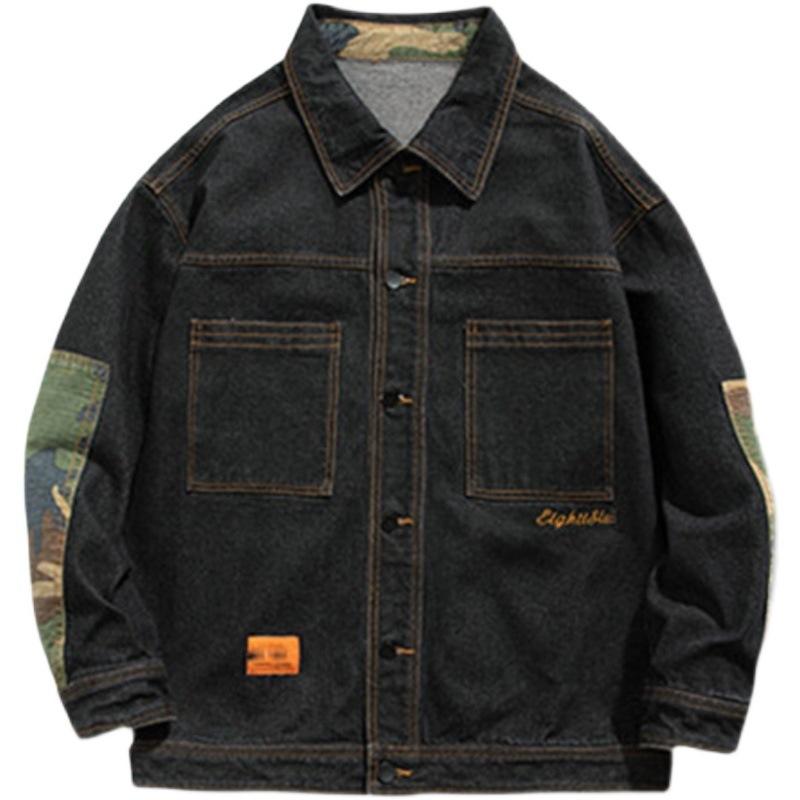 Мужская весенне-осенняя джинсовая куртка с длинным рукавом, камуфляжная лоскутная куртка большого размера