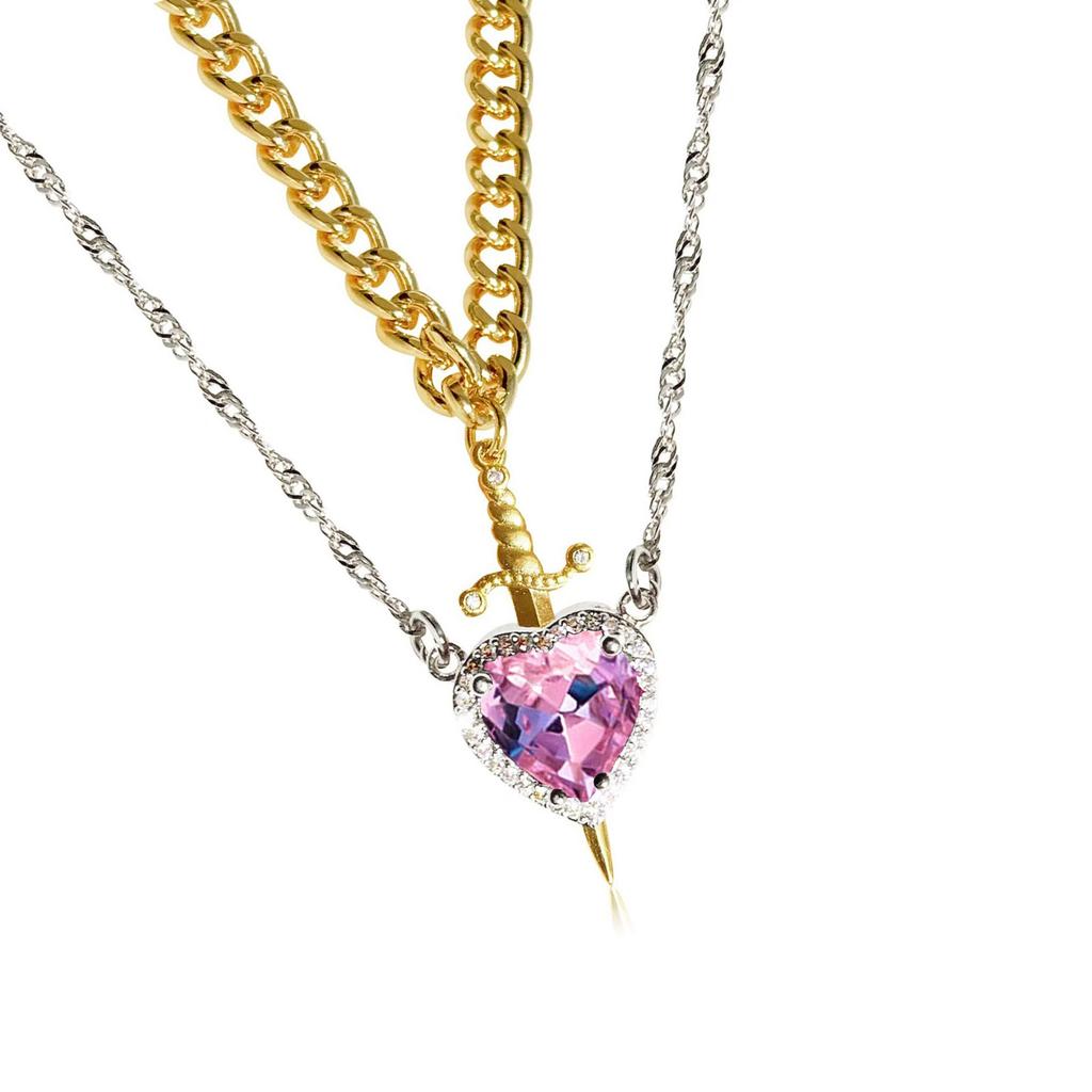 Crystal Heart and Swords Zircon Pendant Necklace for Women Men Adjustable Neckchain Silver/Gold Plated Chain Choker