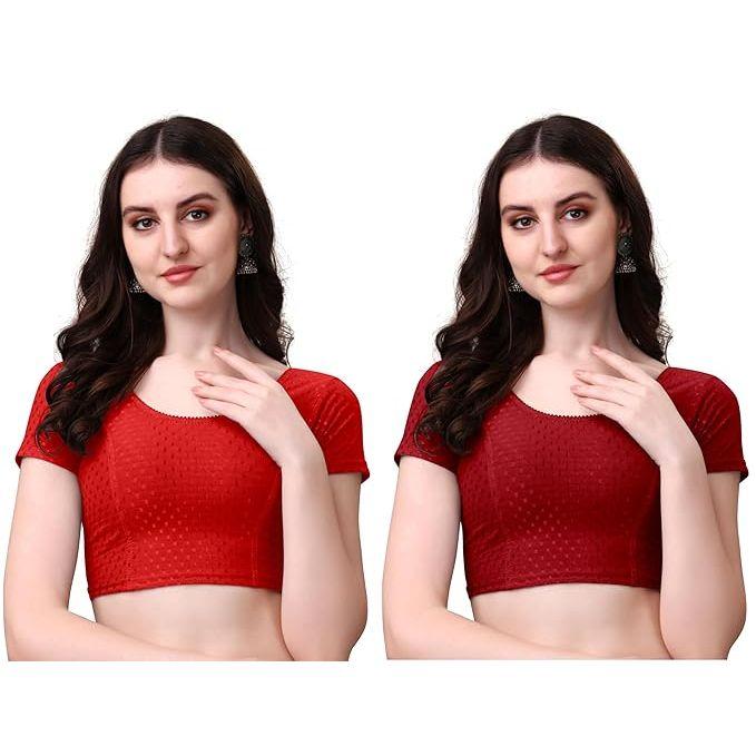 Женский хлопковый сари-блузка-комбо | Готовые к носке с круглым вырезом сшитые блузки | Мягкая эластичная ткань добби | Для вечеринок, праздничные