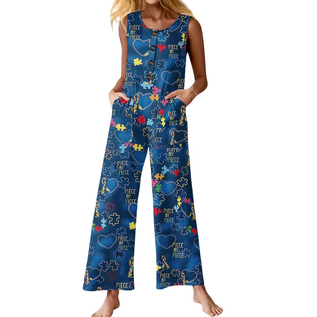 Women's Fashion Casual Button Sleeveless Jumpsuit Floral Flower Print Cotton Pocket Jumpsuit
