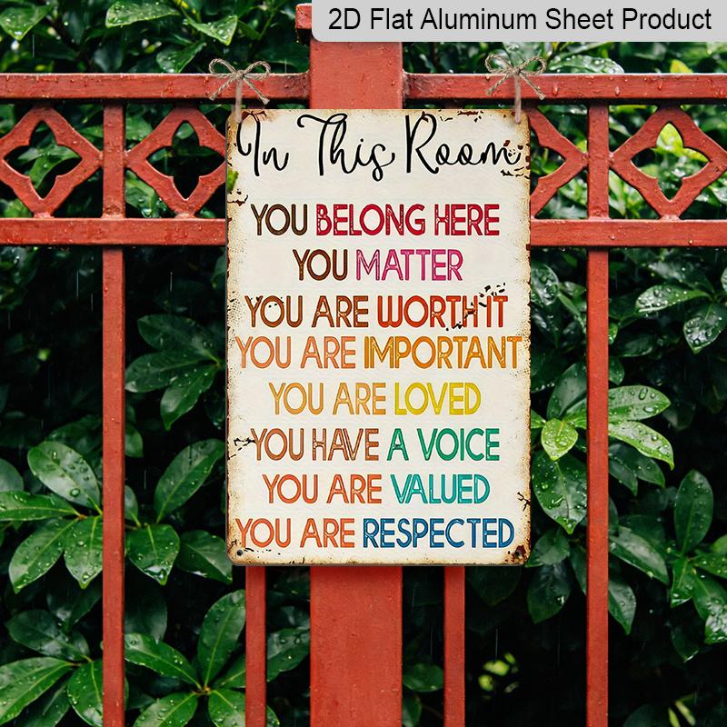 2D Flat, Vintage "You Belong in This Room" Rainbow Wall Decor - 12x8 Inch Aluminum Sign, Inspirational Slogan for Home & Classroom, Durable