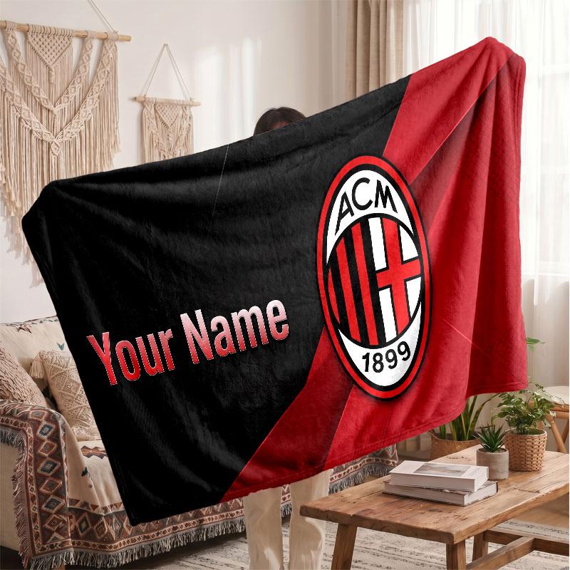 AC Milan Personalized Fleece Blanket With Football Logo, Custom Name Text Soft Warm Home Throw Blanket