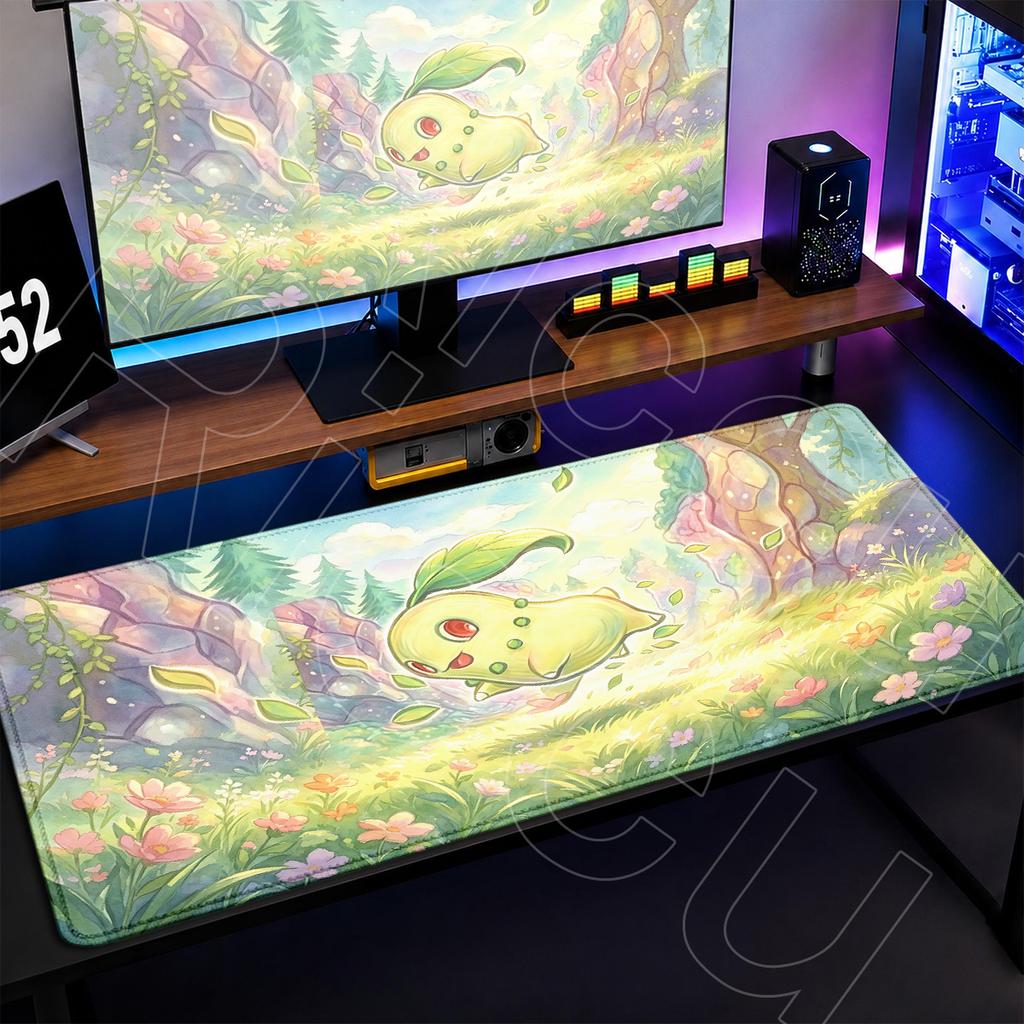 Office Gamer Decoration Mouse Mat Chikorita Anime Green Mouse Pad Large Desktop NonSlip Keyboard Rug Notebook Protector