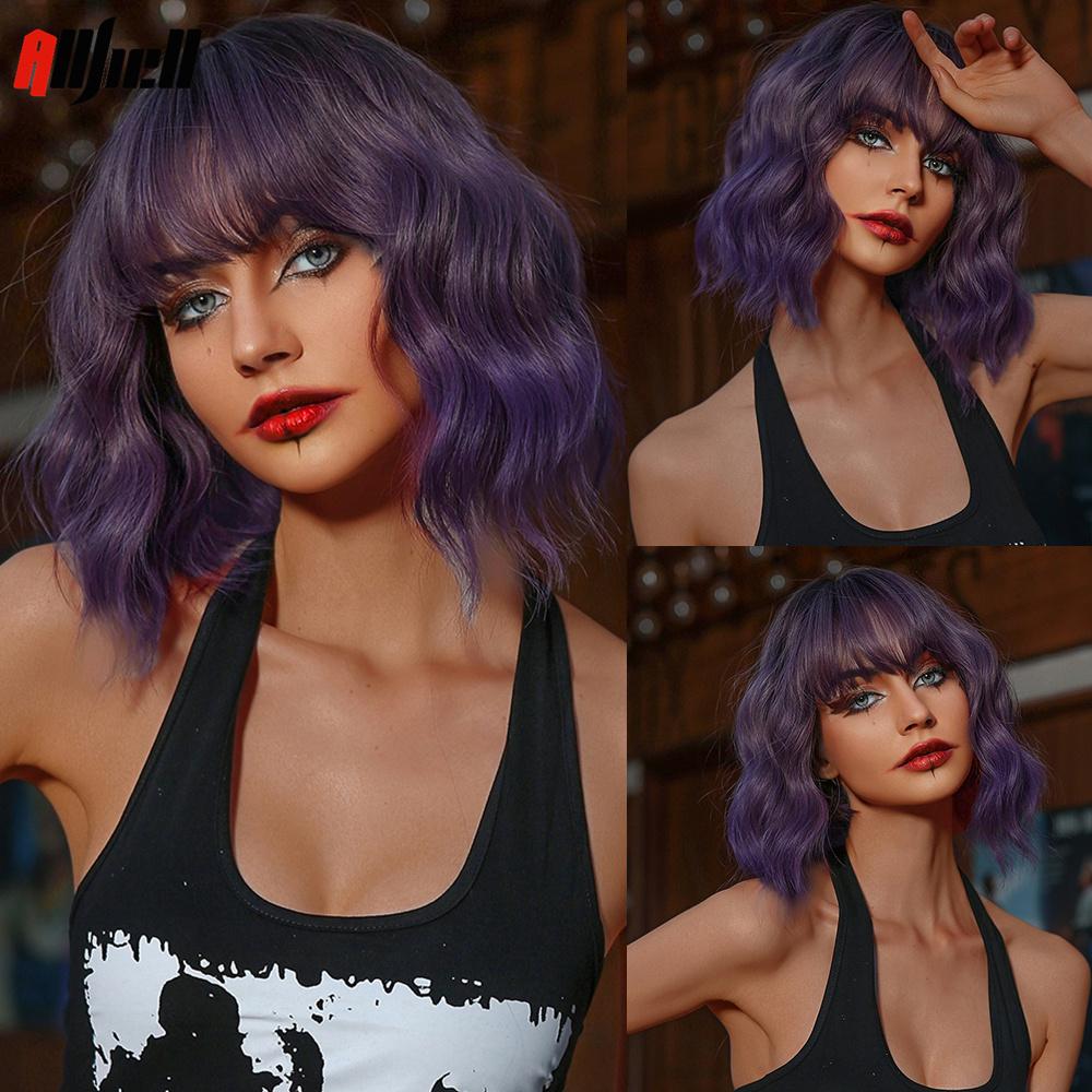 Bob Wavy Synthetic Wigs With Bangs for Women Blonde Ombre Medium Length Water Wave Wig Heat Resistant Fiber Hair Party Cosplay