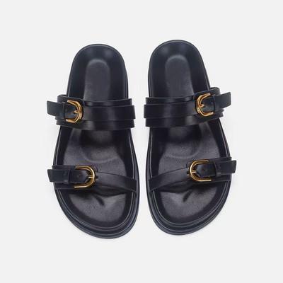 Весенне-летние новые черные сандалии-шлепанцы с дышащим открытым носком и круглой носочной частью, на плоской подошве, повседневные универсальные модные сандалии