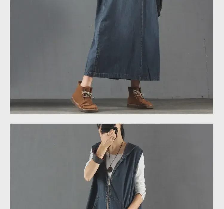 Корейское джинсовое платье большого размера с капюшоном и без рукавов — повседневное, утягивающее, антивозрастное