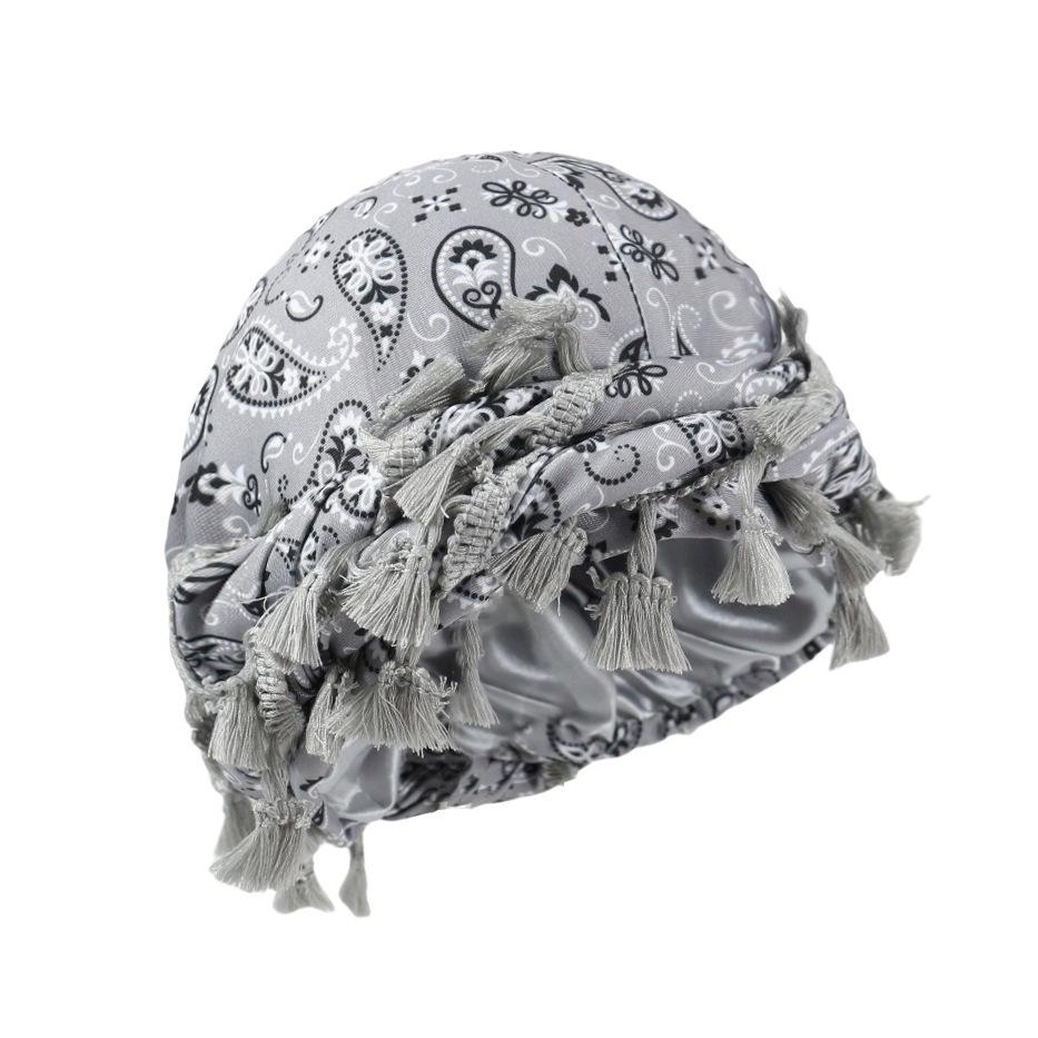 Tassel Durag Satin Lined Skull Cap, Soft Cotton Pirate Head Wrap, Adjustable Fringe Tassel Bandana, Hip Hop Hair Protection Bonnet for Men Women