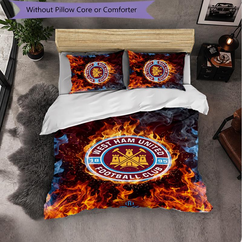 West Ham United Football 3 Piece Bedding Set Soft Duvet Cover Set with Pillowcases Printed Bedroom Decor Set for Home