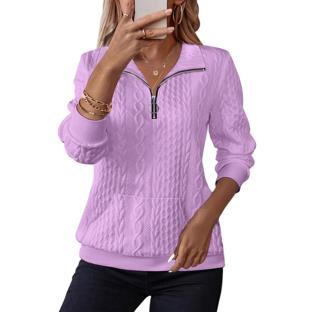 Women's Fashion Long Sleeve Solid Color Casual Collared Zipper Long Sleeve Pocket Sweatshirt