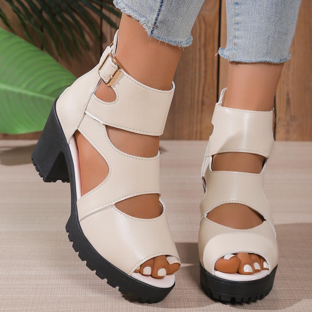 High Heeled Roman Sandals Women's Plus Size 2025 Summer New Thick Heel Cutout Heel Sandals