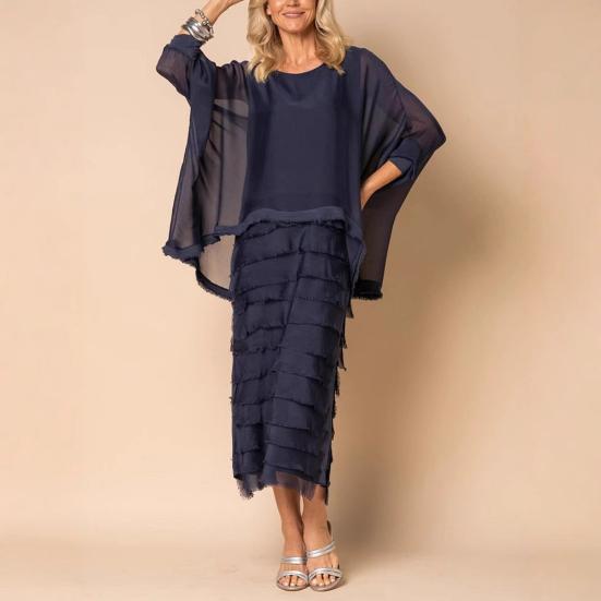 Платье-двойка с длинным рукавом и шалью, двухслойное шифоновое платье с круглым вырезом